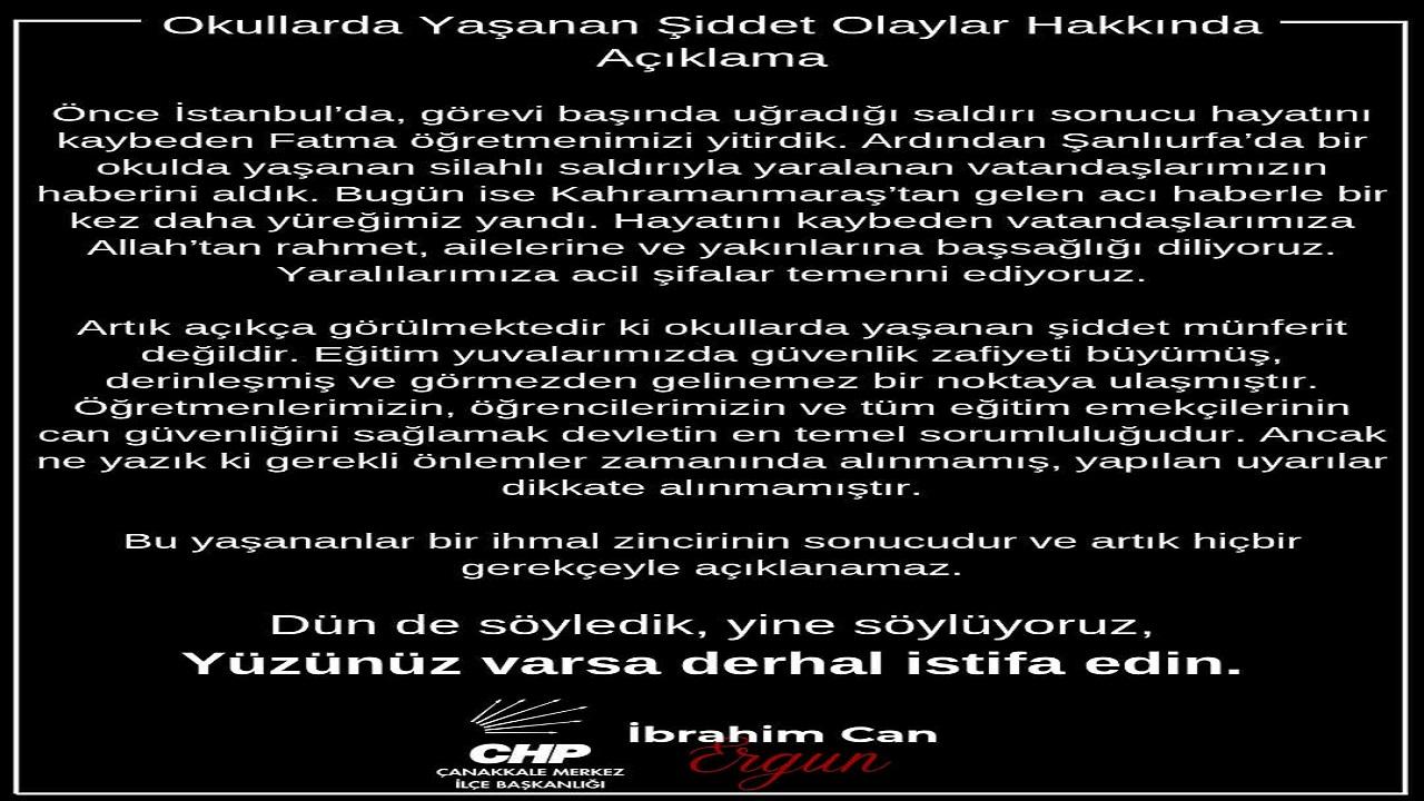 CHP Çanakkale Merkez İlçe Başkanı Ergun’dan Okullardaki Şiddet Olaylarına Sert Tepki