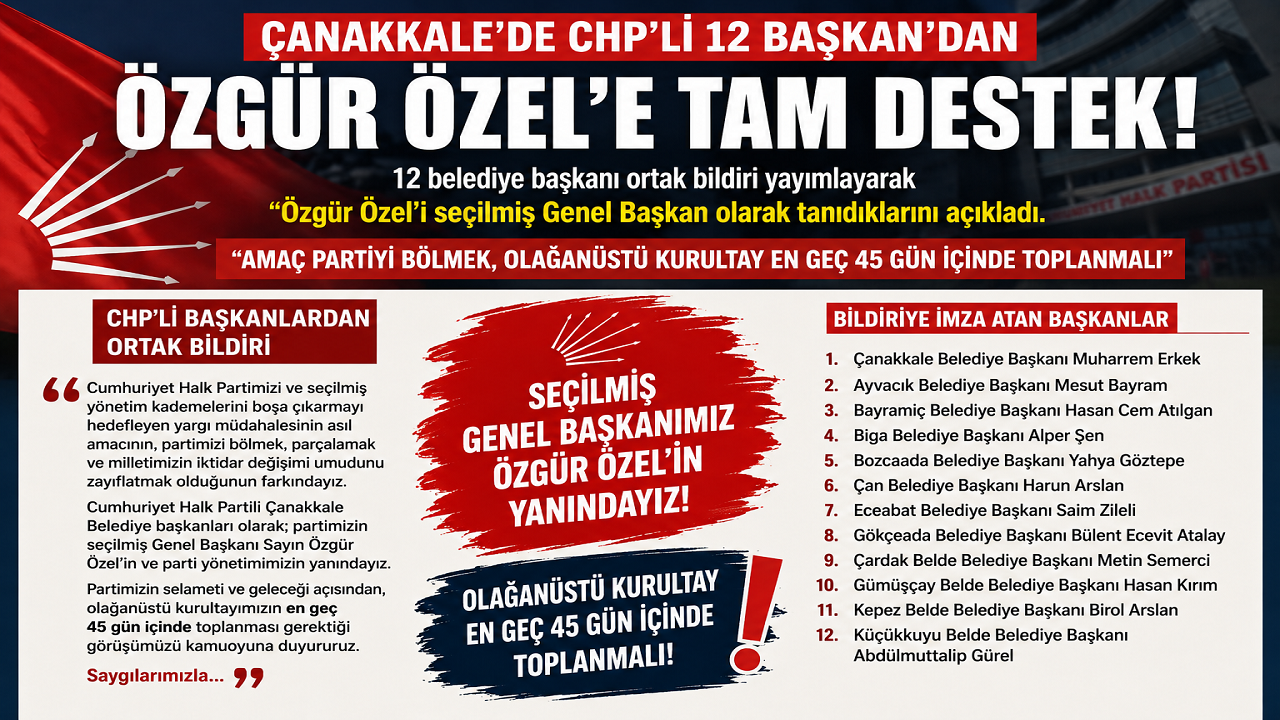 Çanakkale’de CHP’li 12 Başkan’dan Özgür Özel’e Tam Destek