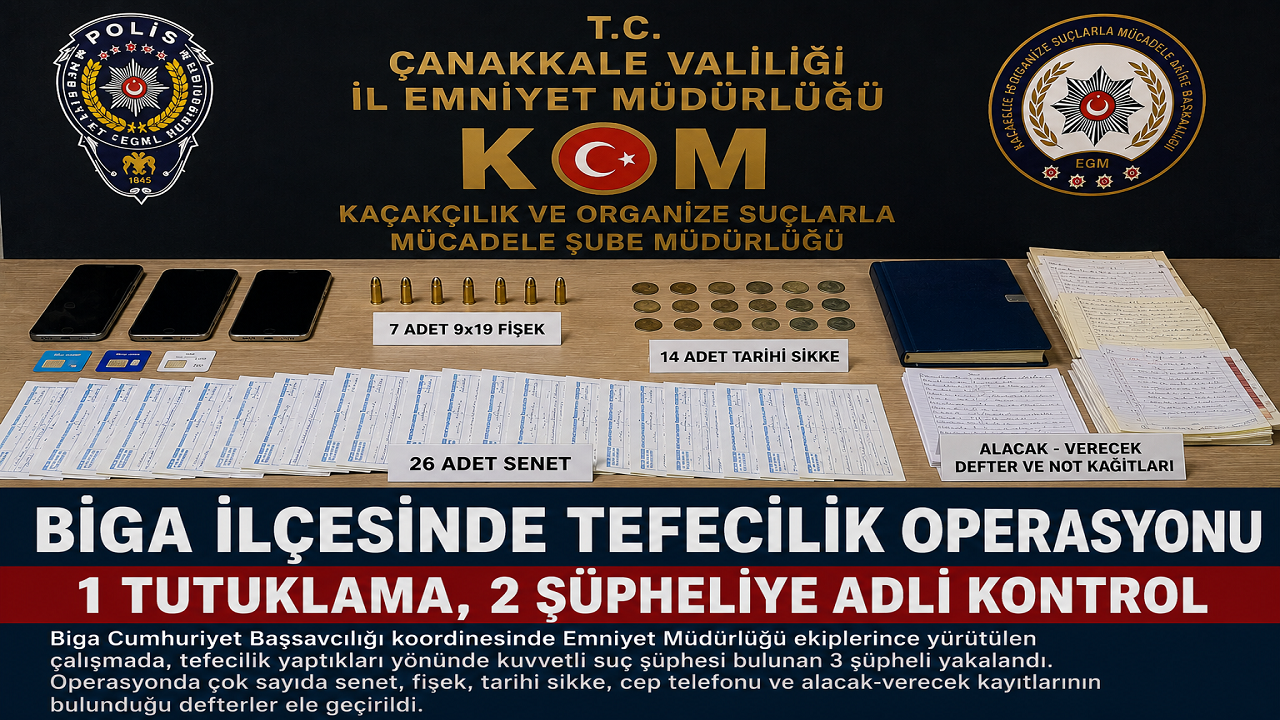 Biga'da Tefecilik Operasyonu: 1 Tutuklama, 2 Şüpheliye Adli Kontrol