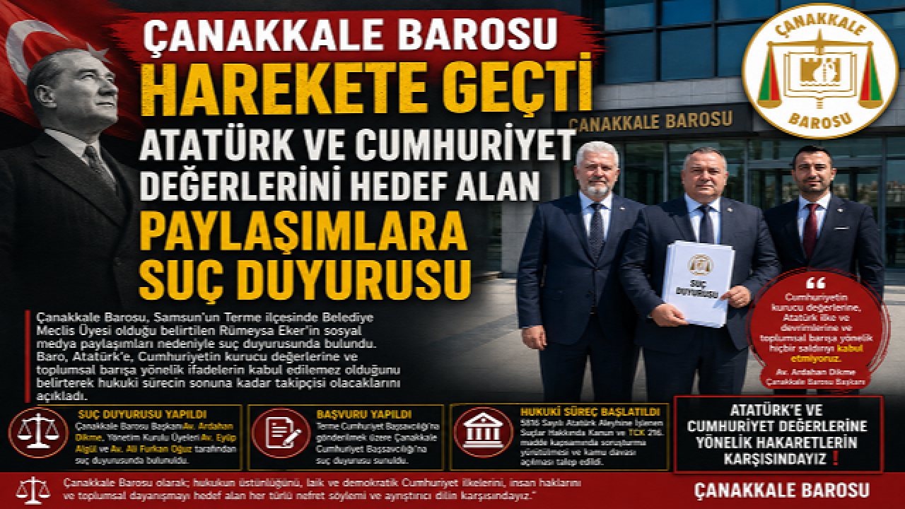 Çanakkale Barosu Harekete Geçti, ''Atatürk ce Cumhuriyet Değerlerine Hedef Alan Paylaşımlara Suç Duyurusu''